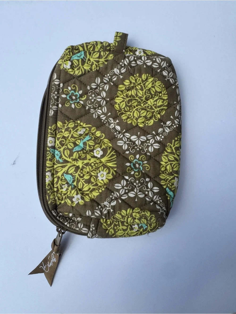Quilted Floral Bird Print Wristlet Pouch - Green